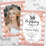 Convite Foto branca Dourada de Rosa Floral 50º Aniversário<br><div class="desc">Elegante, floral, 50º aniversário feminino com sua foto no final do cartão. Design cor-de-rosa brilhante, cor-de-rosa esbranquiçada com ouro rosa brilhante falso. Apresenta faixas, rosas, fontes de script e confetti. Perfeito para uma festa de comemoração de na moda adulto. Personalize com seus próprios detalhes. Pode ser personalizado para qualquer idade!...</div>