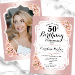 Convite Foto branca Dourada Elegante do Rosa, 50º aniversá<br><div class="desc">Elegante convite floral feminino de 50 anos com sua foto no final do cartão. Design de vidro com ouro de rosa de cintilação falsa. Funcionalidades cor-de-rosa pincelado, tipo de letra de script e confetti. Perfeito para uma festa de comemoração de na moda adulto. Personalize com seus próprios detalhes. Pode ser...</div>