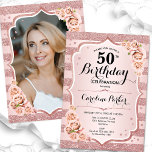 Convite Foto branca Dourada Elegante do Rosa, 50º aniversá<br><div class="desc">Elegante, floral, 50º aniversário feminino com sua foto no final do cartão. Design cor-de-rosa brilhante, cor-de-rosa esbranquiçada com ouro rosa brilhante falso. Apresenta faixas, rosas, fontes de script e confetti. Perfeito para uma festa de comemoração de na moda adulto. Personalize com seus próprios detalhes. Pode ser personalizado para qualquer idade!...</div>