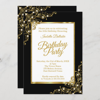 Convite Foto branca Dourada festa de aniversário preta