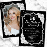 Convite Foto branca Elegante Black Silver 50º aniversário<br><div class="desc">Elegante convite de 50 anos florais com sua foto no fundo do cartão. Design preto e branco com cinza brilhante. Possui rosas brancas, fonte de script e confetti. Perfeito para uma festa de comemoração de na moda adulto. Personalize com seus próprios detalhes. Pode ser personalizado para qualquer idade! Impressos convites...</div>