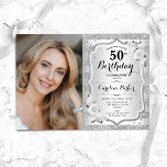 Convite Foto branca Elegante Silver 50º aniversário<br><div class="desc">Elegante convite floral feminino para o 50º aniversário com sua foto. Design com falso brilho de prata. Apresenta faixas, rosas brancas, fonte de script e confetti. Perfeito para uma festa de comemoração de na moda adulto. Personalize com seus próprios detalhes. Pode ser personalizado para qualquer idade! Impressos convites Zazzle ou...</div>