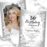 Convite Foto branca Elegante Silver 50º aniversário<br><div class="desc">Elegante convite floral feminino de 50 anos com sua foto no final do cartão. Glam design com falso prata. Possui rosas brancas, fonte de script e confetti. Perfeito para uma festa de comemoração de na moda adulto. Personalize com seus próprios detalhes. Pode ser personalizado para qualquer idade! Impressos convites Zazzle...</div>