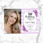 Convite Foto Branca Floral Púrpura 50º Aniversário<br><div class="desc">Elegante convite floral feminino para o 50º aniversário com sua foto. Design com listras, rosas lilás leves, fontes de script e confetti. Perfeito para uma festa de comemoração de na moda adulto. Personalize com seus próprios detalhes. Pode ser personalizado para qualquer idade! Impressos convites Zazzle ou modelo de impressão digital...</div>