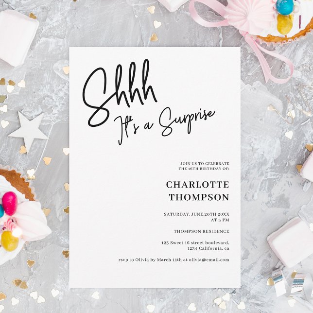 Convite Foto branca negra simples, moderna, surpresa Sweet (Criador carregado)