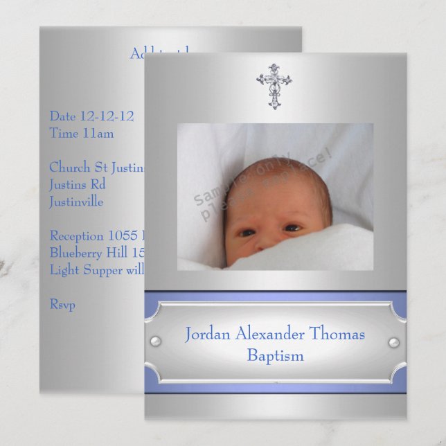 Convite Foto Branco Metálica Foto Cruzada Baptismo Azul (Frente/Verso)