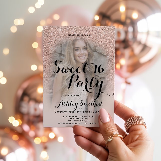 Convite Foto brilhante de rosa de Blush Chic Clush Moderno (Modern Chic Blush rose gold glitter photo Sweet 16 Invitation)