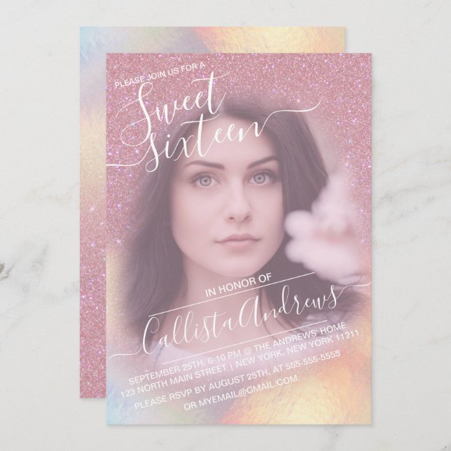 Convite Foto brilhante Iridescente Iridescente Cinza Rosa  (Frente/Verso)