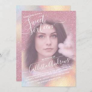 Convite Foto brilhante Iridescente Iridescente Cinza Rosa 