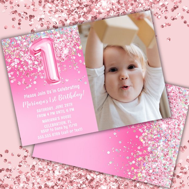 Convite Foto Brilho Rosa Aniversário de 1 ano (Criador carregado)