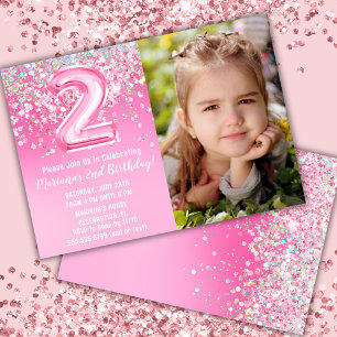Convite Foto Brilho Rosa Aniversário de 2 anos