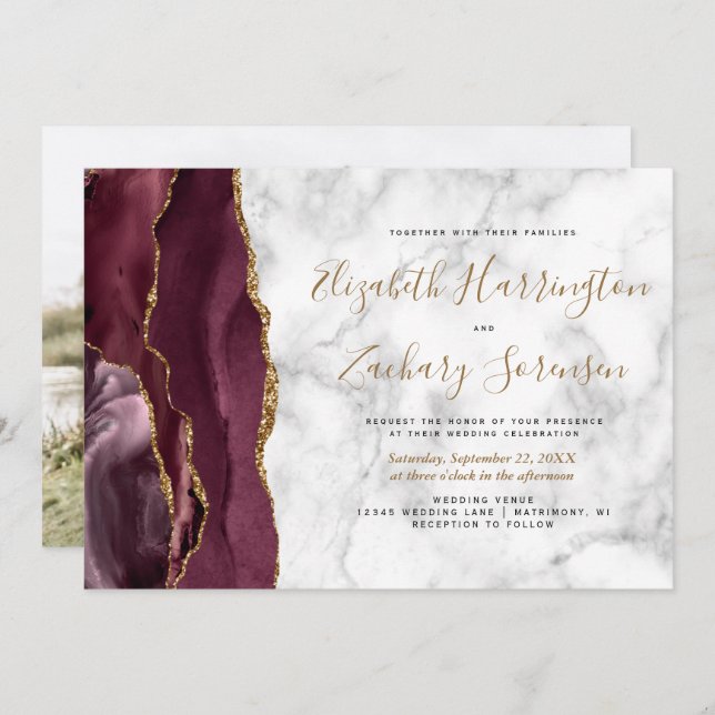 Convite Foto Burgundy Dourada Agate Marble Wedding (Frente/Verso)
