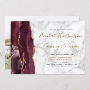 Convite Foto Burgundy Dourada Agate Marble Wedding