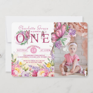 Convite Foto Butterfly Floral Primeiro Aniversário