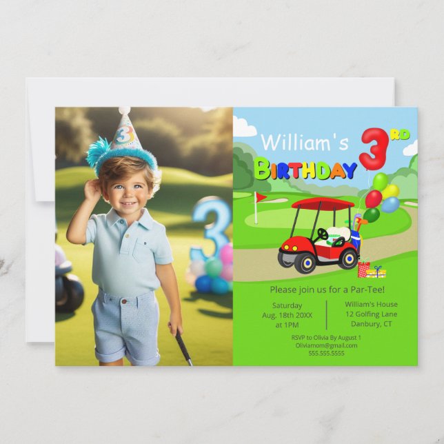 Convite Foto carrinho de golfe vermelho de aniversário de  (Frente)