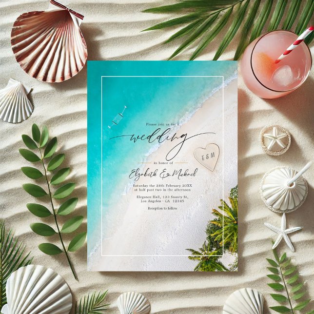 Convite Foto casada de monograma de praia tropical e códig (Tropical Beach Monogram Wedding Photo and QR Code Invitation)