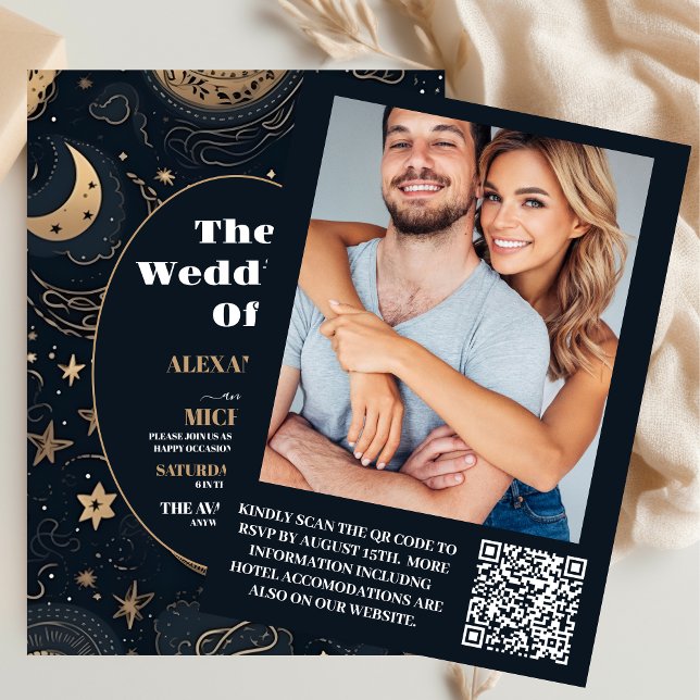 Convite Foto: Casamento Celestial Azul Dourado à Meia-Noit (Criador carregado)