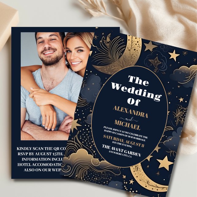 Convite Foto: Casamento Celestial Azul Dourado à Meia-Noit (Criador carregado)