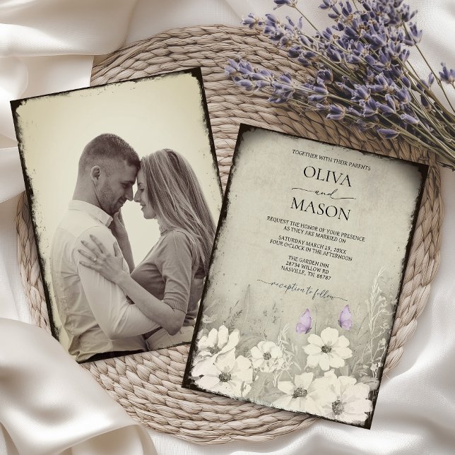 Convite Foto: Casamento de Flor Selvagem com Borboleta (Vintage Nostalgic Photo Purple Butterfly Invitation)
