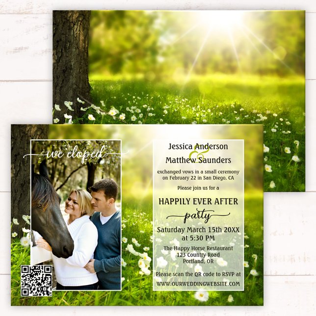 Convite Foto: Casamento de Posto de País com Script Primav (Happily ever after wedding invitation with your photo framed on a spring meadow with flowers - QR)