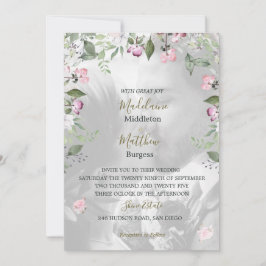 Convite Foto: Casamento Dourado Rosa Púrpura Floral