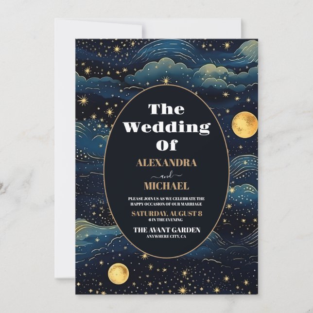 Convite Foto Casamento Estrelas Azul Meia-Noite Celestial (Frente)