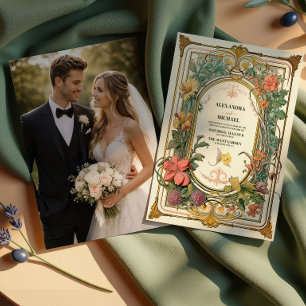 Convite Foto Casamento Floral Art Nouveau Vintage