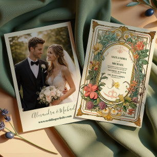 Convite Foto Casamento Floral Art Nouveau Vintage