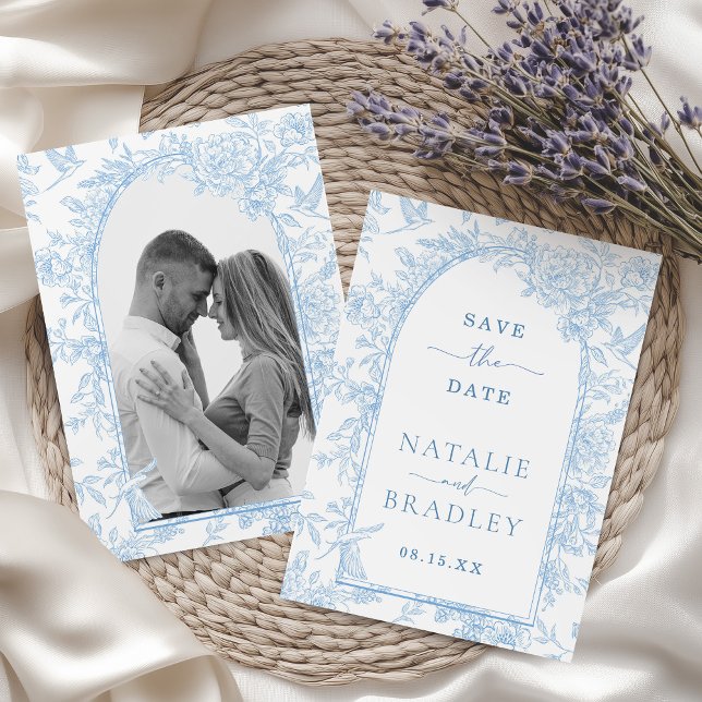 Convite Foto: Casamento Floral Azul Francês Salvar a Data (French Blue Floral Photo Save the Date Card)