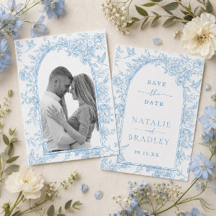 Convite Foto Casamento Floral Azul Francês Save the Date