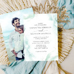 Convite Foto: Casamento por Aquarela Azul-Turquesa<br><div class="desc">Elegante convite fotográfico de Casamento com delicado e melancólico fundo de aquarela em verde macio, turquesa, aqua, matizes azuis e poeirentos e borras de ouro decorativo e sua imagem no verso. Detalhes da caligrafia escrita à mão. Adicione a sua fotografia no verso clicando no botão azul no final de "personalizar...</div>