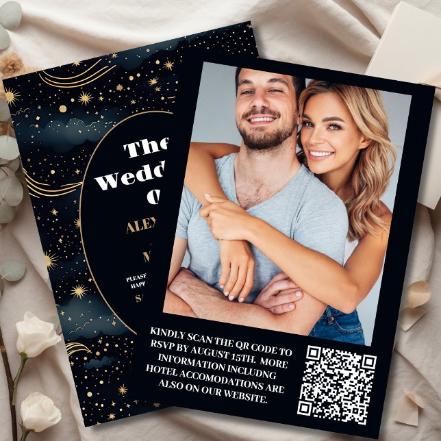 Convite Foto Celestial Midnight Blue Stars Moon Weding (Criador carregado)