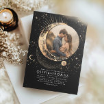 Convite Foto Celestial Mystical Moon Starry Night<br><div class="desc">Este convite fotográfico de casamento tece uma narrativa mágica para a sua celebração com temas cósmicos, intitulada "Sob as Estrelas", "Escrito nas Estrelas" ou "À Lua e Volta". Um design cativante apresenta um céu noturno estrelado com sua fotografia compartilhada lindamente emoldurada dentro de um filme celeste de lua e sol....</div>