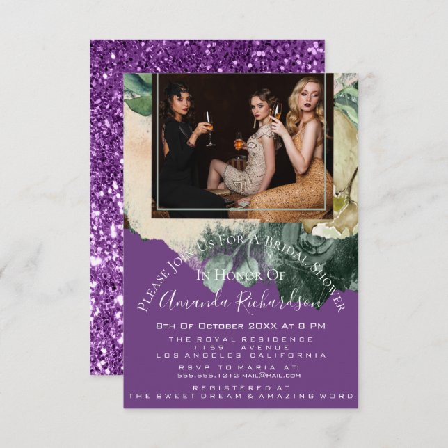 Convite Foto chá de panela Roxo Floral Birthday Girls (Frente/Verso)