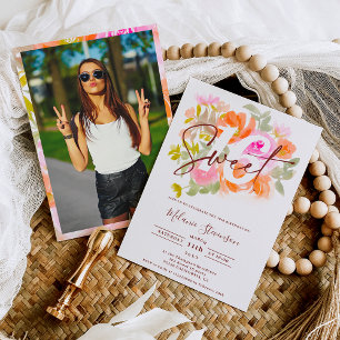 Convite Foto chic floral pastel bonito moderna Sweet 16