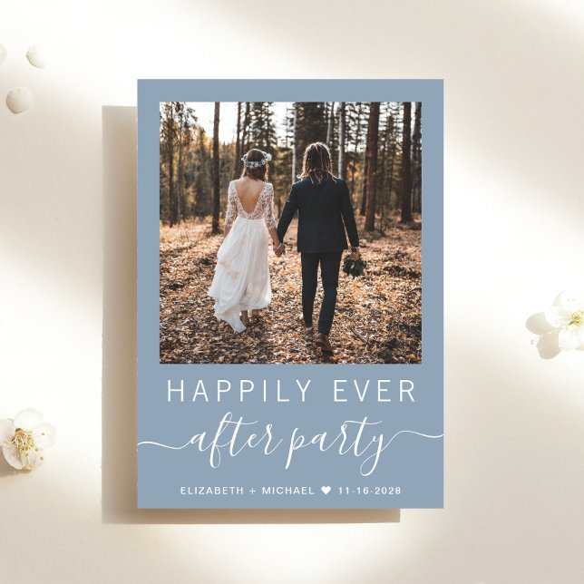 Convite Foto Chic QR Code Dusty Recepção de casamento Azul (Criador carregado)