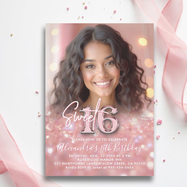 Convite Foto Chic Rosa Elegante Cinza Esmagável Sweet 16 (sweet sixteen invitation 16th birthday sparkles glitter rose gold blush pink photo template elegant )