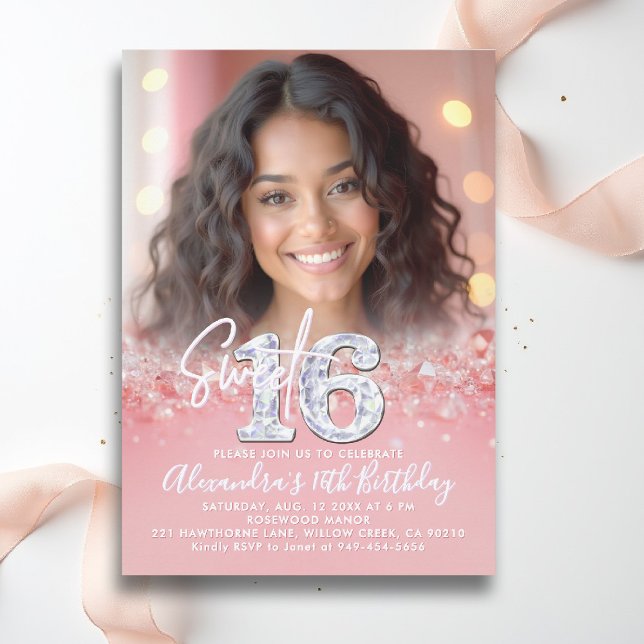 Convite Foto Chic Sparkles de Rosa Dourado de Ouros Sweet  (sweet sixteen invitation 16th birthday diamonds rose gold blush pink photo template fashion teen)