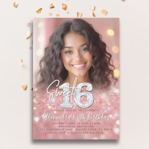 Convite Foto Chic Sweet 16 de Diamantes Dourados Sparkly