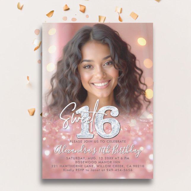 Convite Foto Chic Sweet 16 de Diamantes Dourados Sparkly (sweet sixteen invitation 16th birthday rose gold blush pink diamonds photo template elegant classy)