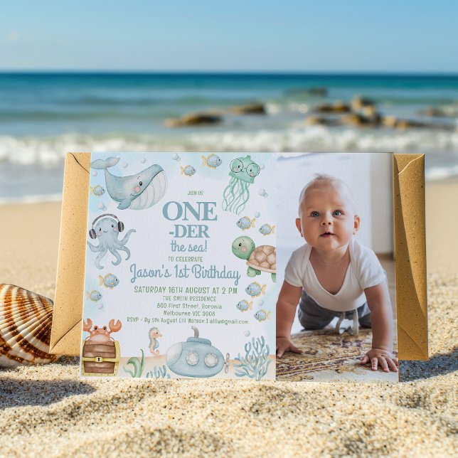 Convite Foto Cinza Azul Mais Próximo Do primeiro aniversar (Editable Oneder The Sea Birthday Invitation with Photo, Ocean Themed 1st Birthday Invitation Boy)