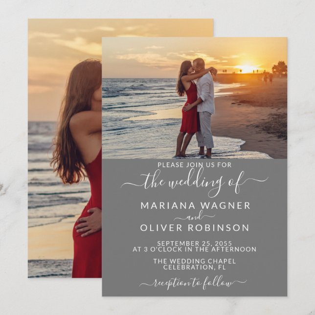 Convite Foto Cinza Elegante Casamento Script (Frente/Verso)