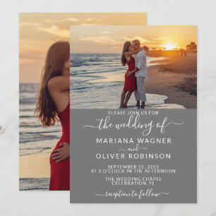 Convite Foto Cinza Elegante Casamento Script