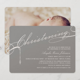 Convite Foto cinzenta da cruz baseado num guião do batism