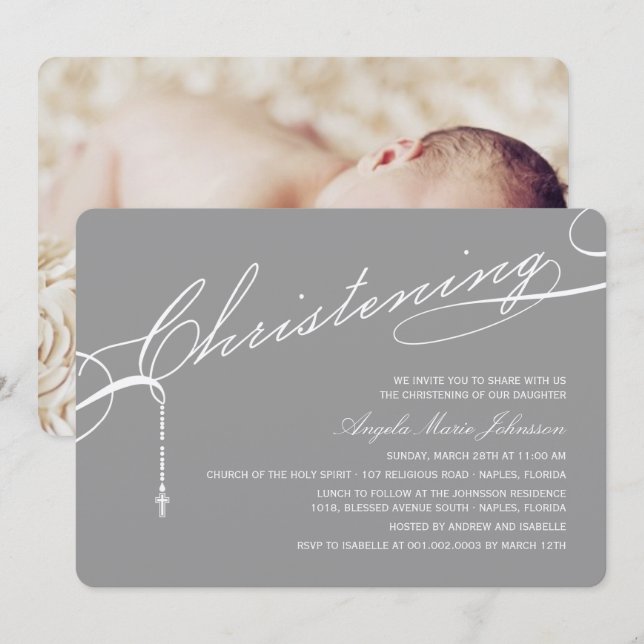 Convite Foto cinzenta da cruz baseado num guião do batismo (Frente/Verso)