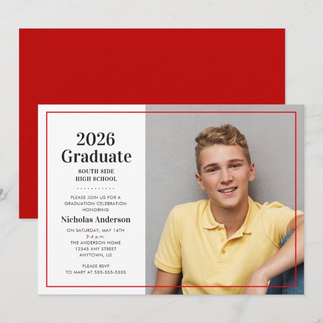 Convite Foto Clássica de Graduado 2026 Vermelho Graduação (Frente/Verso)