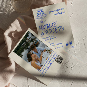 Convite Foto Código QR Desenho à Mão Arcos de Bolo Azul Ca
