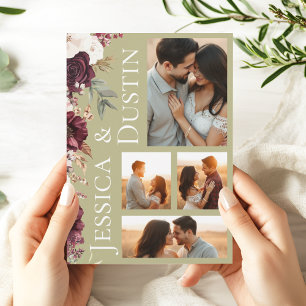 Convite Foto Collage Burgundy Floral Sage Casamento Verde