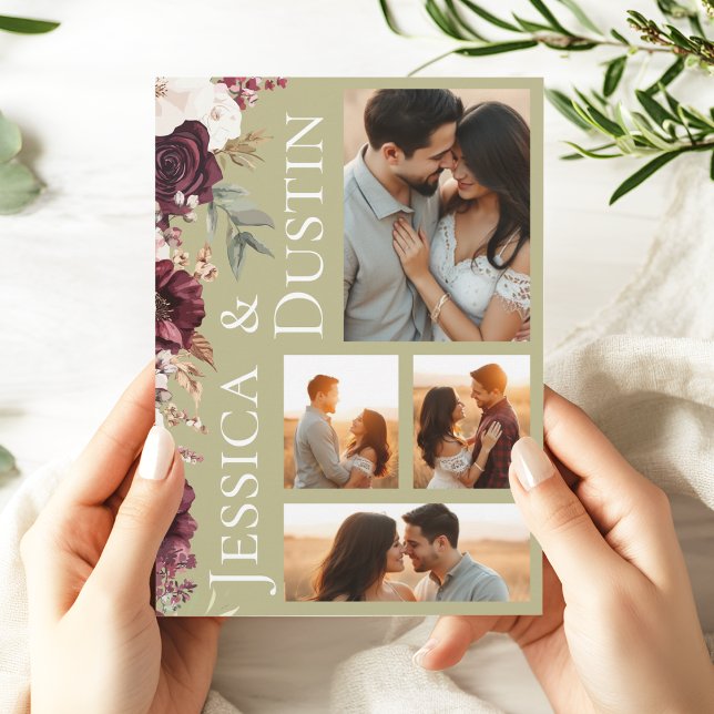 Convite Foto Collage Burgundy Floral Sage Casamento Verde (Modern Burgundy Sage Green Photo Collage Wedding Invitation)