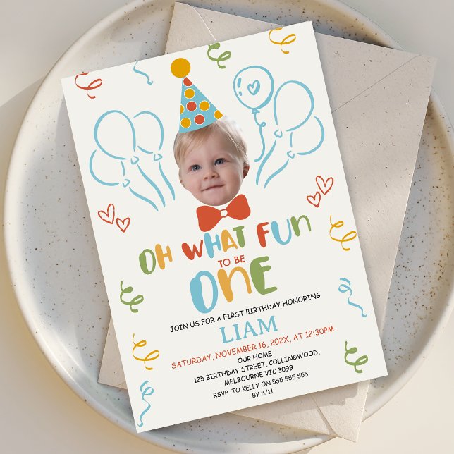 Convite Foto Colorida Moderna Que Diversão Ser Um Aniversá (Boys First Birthday Invitation, 1st Birthday Invitation Template Boy, 1st Birthday Party Invitation)